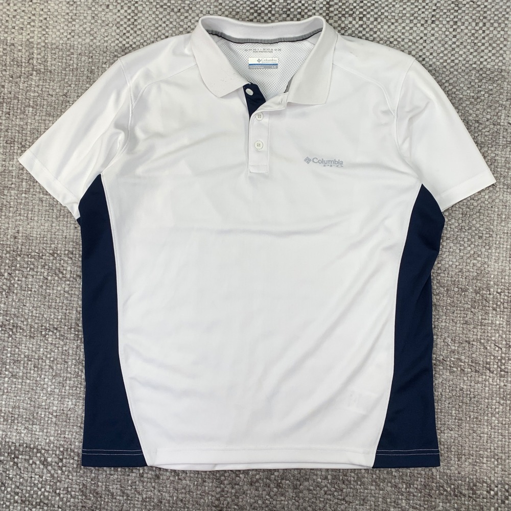 Columbia Polo Shirt Mens Large White Navy Blue PFG Omni-Shade XM0110